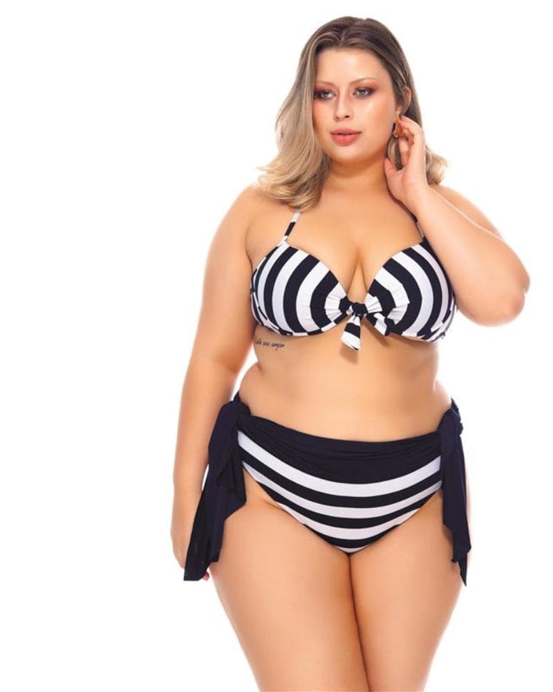 Front of a model wearing a size 20 Bikini Top With Padded Cups And Tie Detailing in Stripe by Lehona. | dia_product_style_image_id:267524